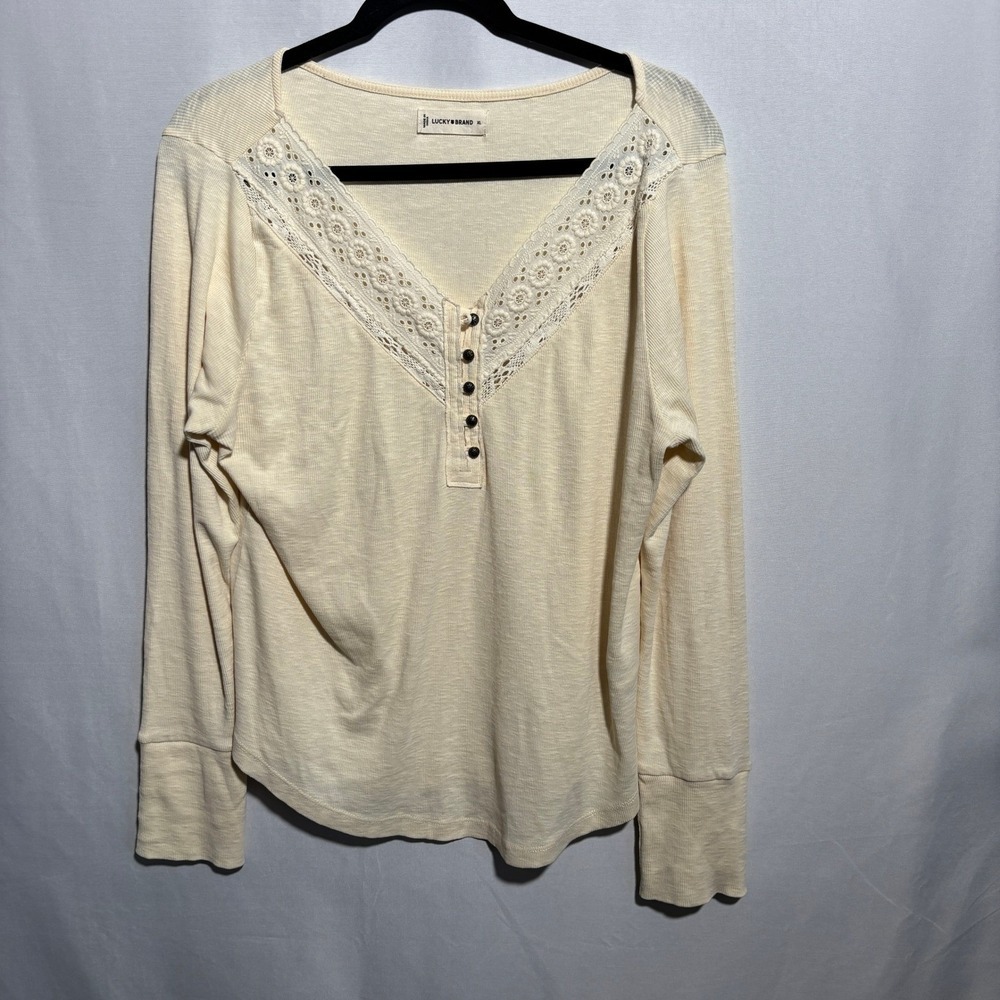 Lucky Brand Cream Cottage Core Long Sleeve Cotton Blouse Top Sz XL Romantic Boho